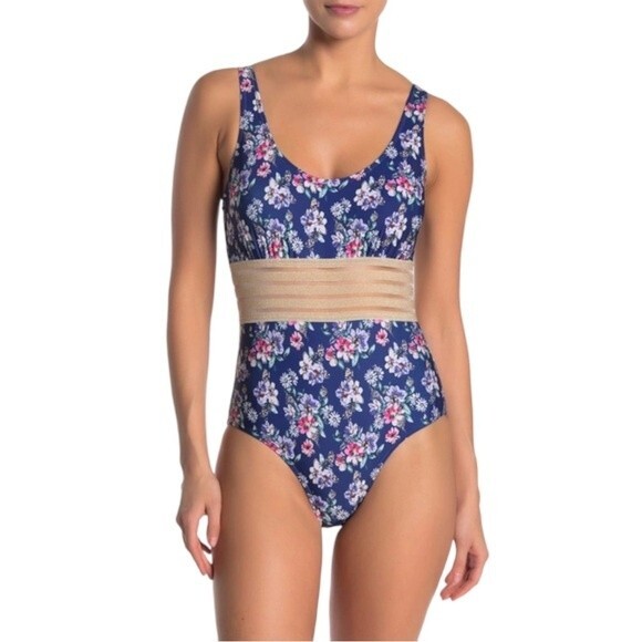 Nicole Miller Navy Floral Shimmer-Band One-Piece Swimsuit Women’s Size Large - Picture 1 of 12